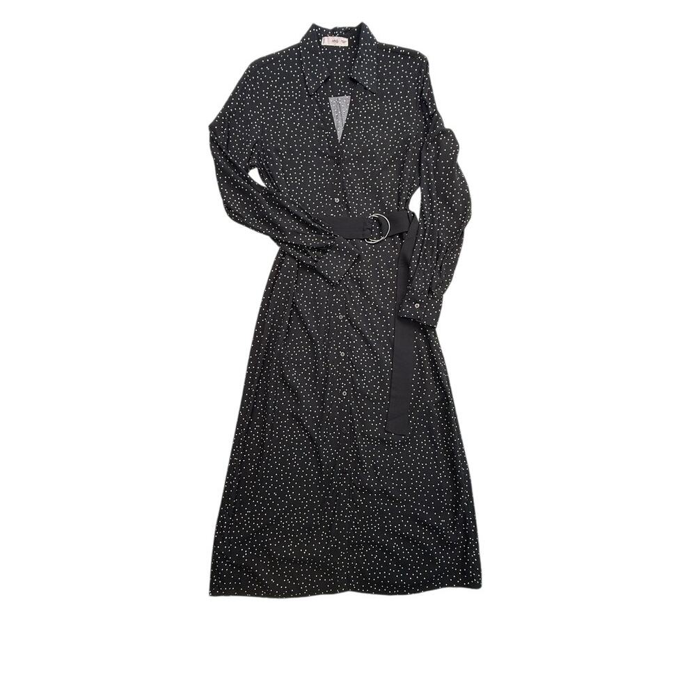 MNG by Mango Polka Dot Maxi Shirt Dress M Black White Belted Button Front